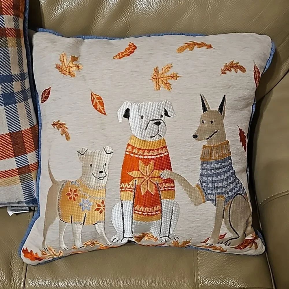 Fall Leaves & Dogs in Sweaters Decor Pillow NWT